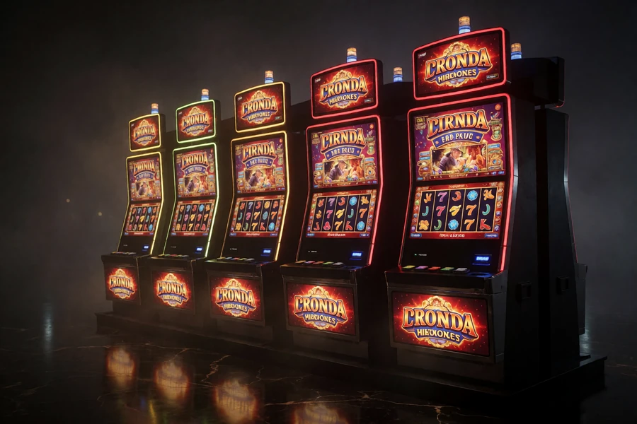 Leuchtende Premium-Spielautomaten in dunkler Casino-Halle - Slots im Online Casino Deutschland