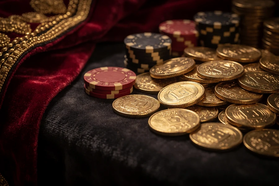 Goldm&uuml;nzen und Casino-Chips auf dunklem Samt mit rotem Torero-Cape - Cashback bei Casina Casino