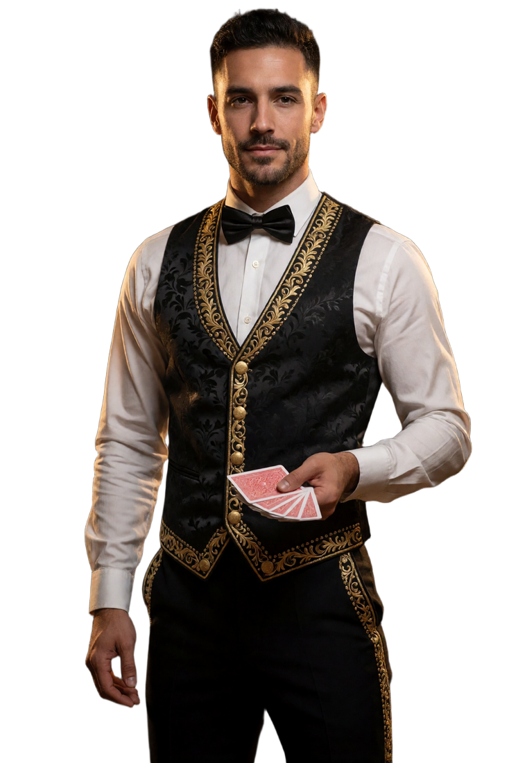 Selbstbewusster Live-Dealer in schwarzer Weste mit goldener Torero-Stickerei und Kartenf&auml;cher - Casina Casino