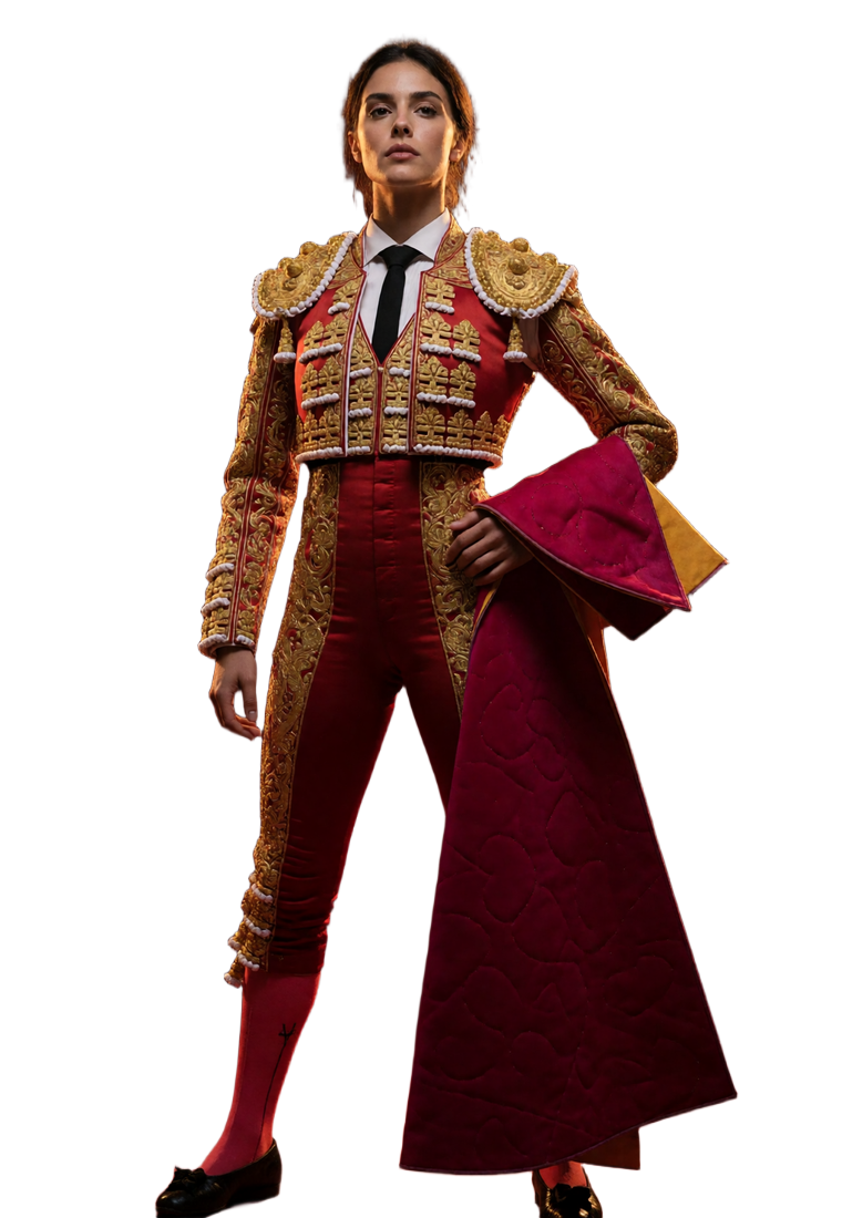 Selbstbewusstes Torero-Model in rot-goldenem Matador-Kost&uuml;m mit Muleta - Casina Casino