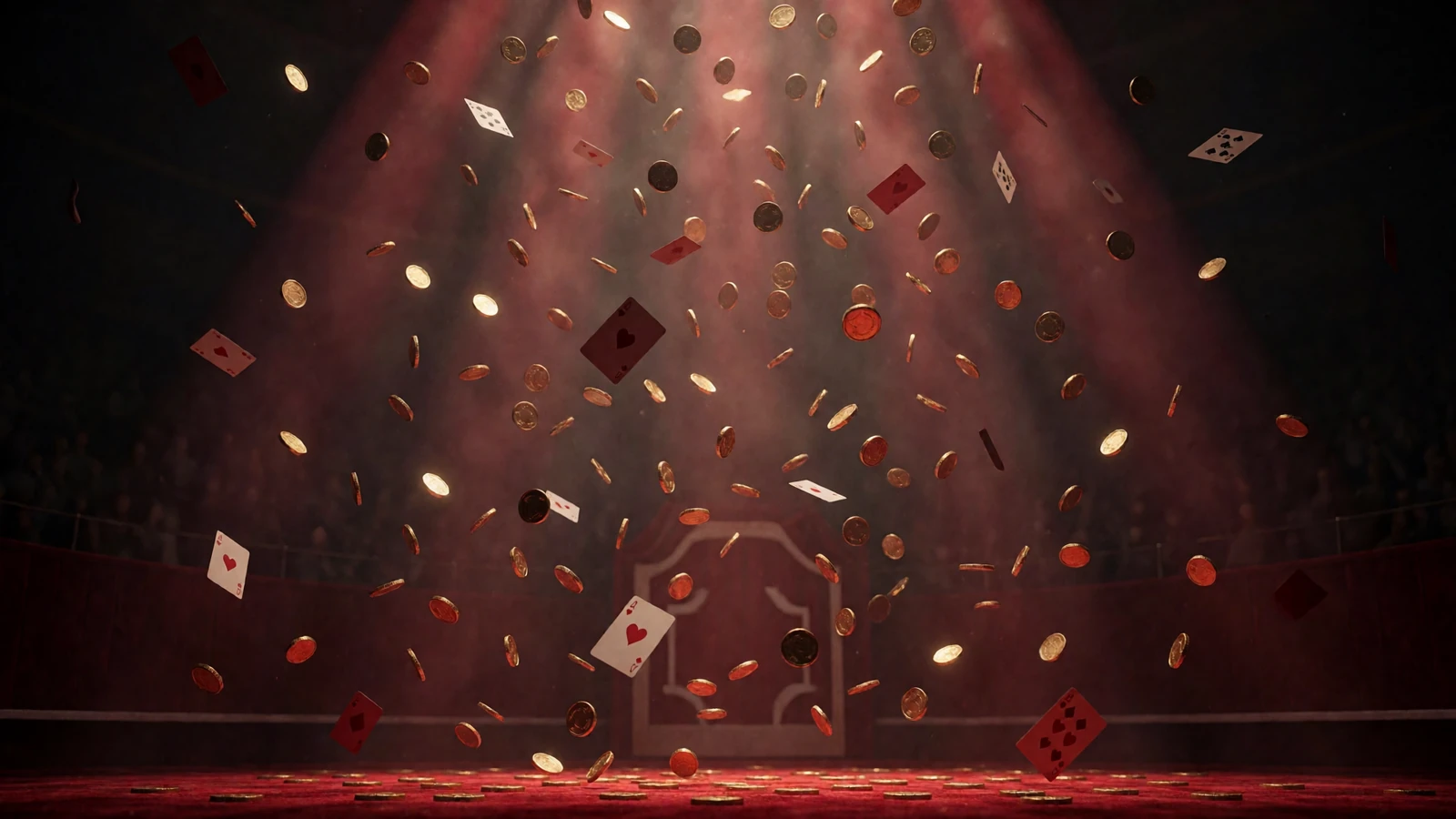 Fallende Goldm&uuml;nzen und rote Spielkarten in dunkler Arena - Casina Casino Bonus