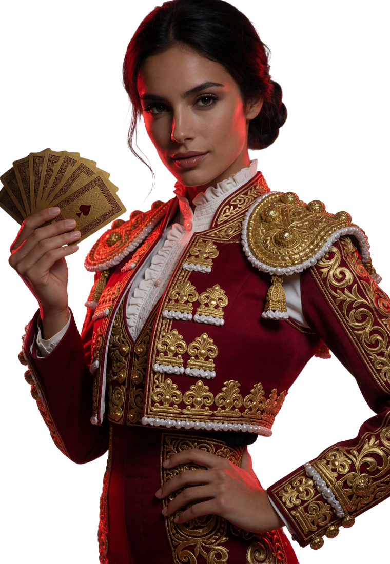 Elegantes Model im modernen Torero-Jackett mit goldenen Spielkarten - Willkommensbonus