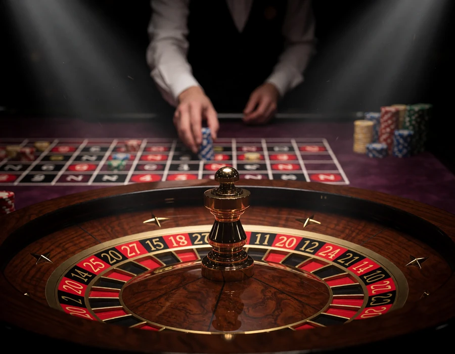 Live-Roulette-Tisch mit Kessel im dunklen Casino-Studio - Live Casino bei Casina Casino