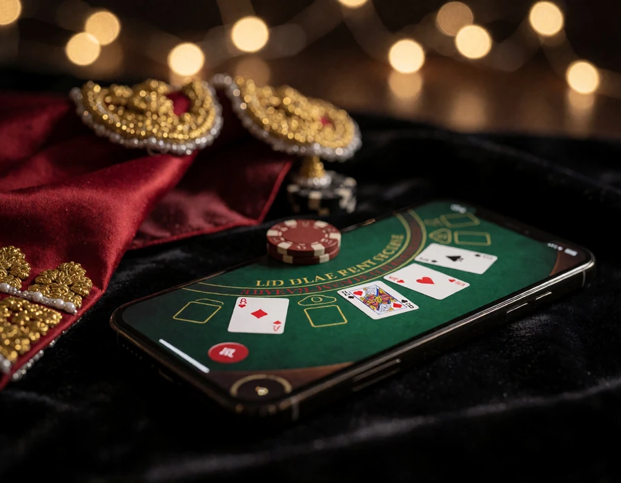 Smartphone mit ge&ouml;ffnetem Live-Blackjack-Tisch auf dunklem Samt neben rotem Torero-Cape - mobiles Live Casino