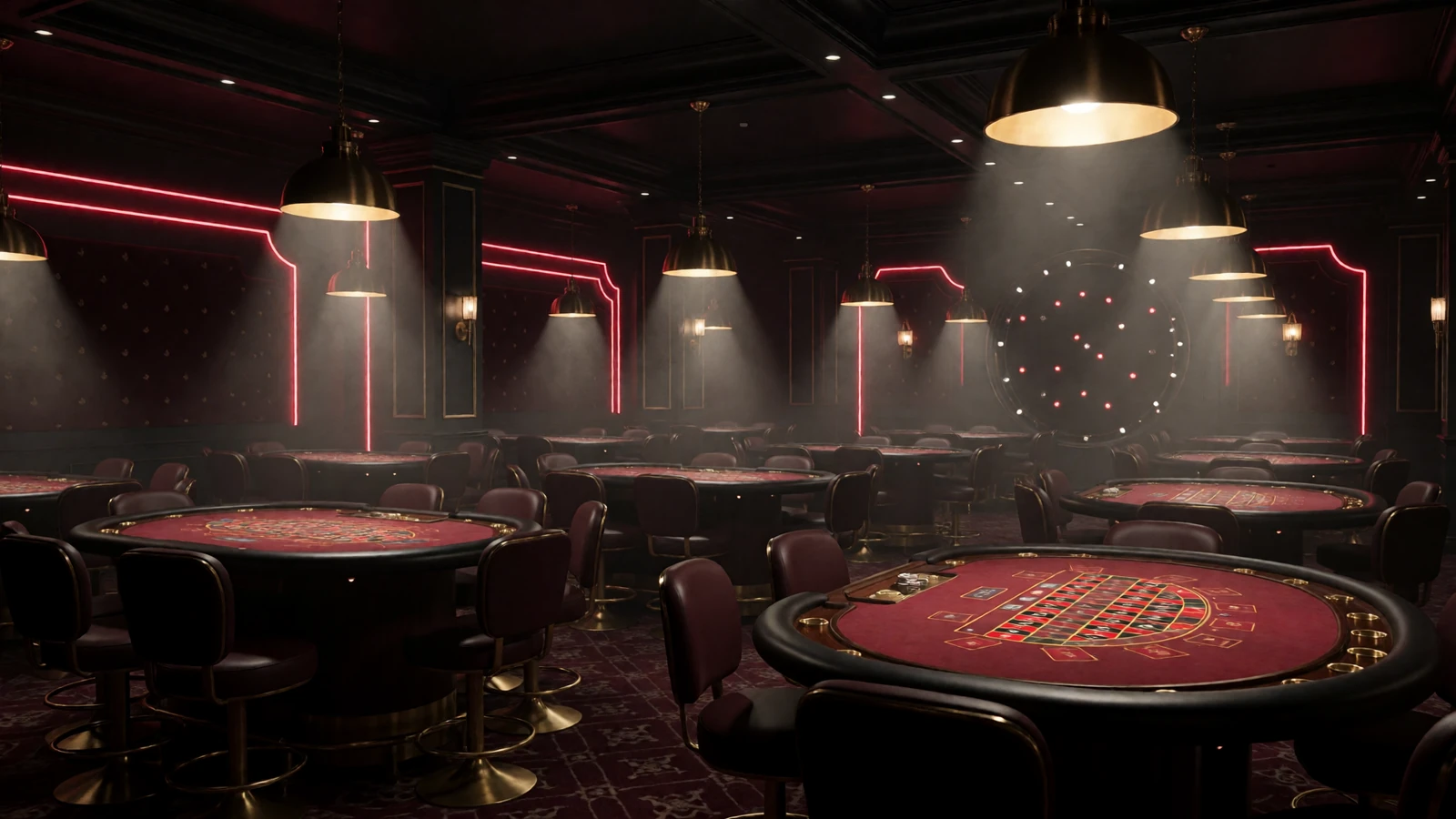 Dunkler Premium-Casinosaal mit beleuchteten Roulette- und Blackjack-Tischen - Live Casino bei Casina Casino